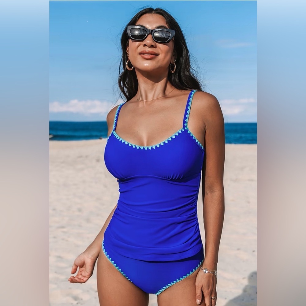 Cupshe Royal Shell Stitch Tankini Top & Mid-Rise Bottoms Set Resortwear Women XS